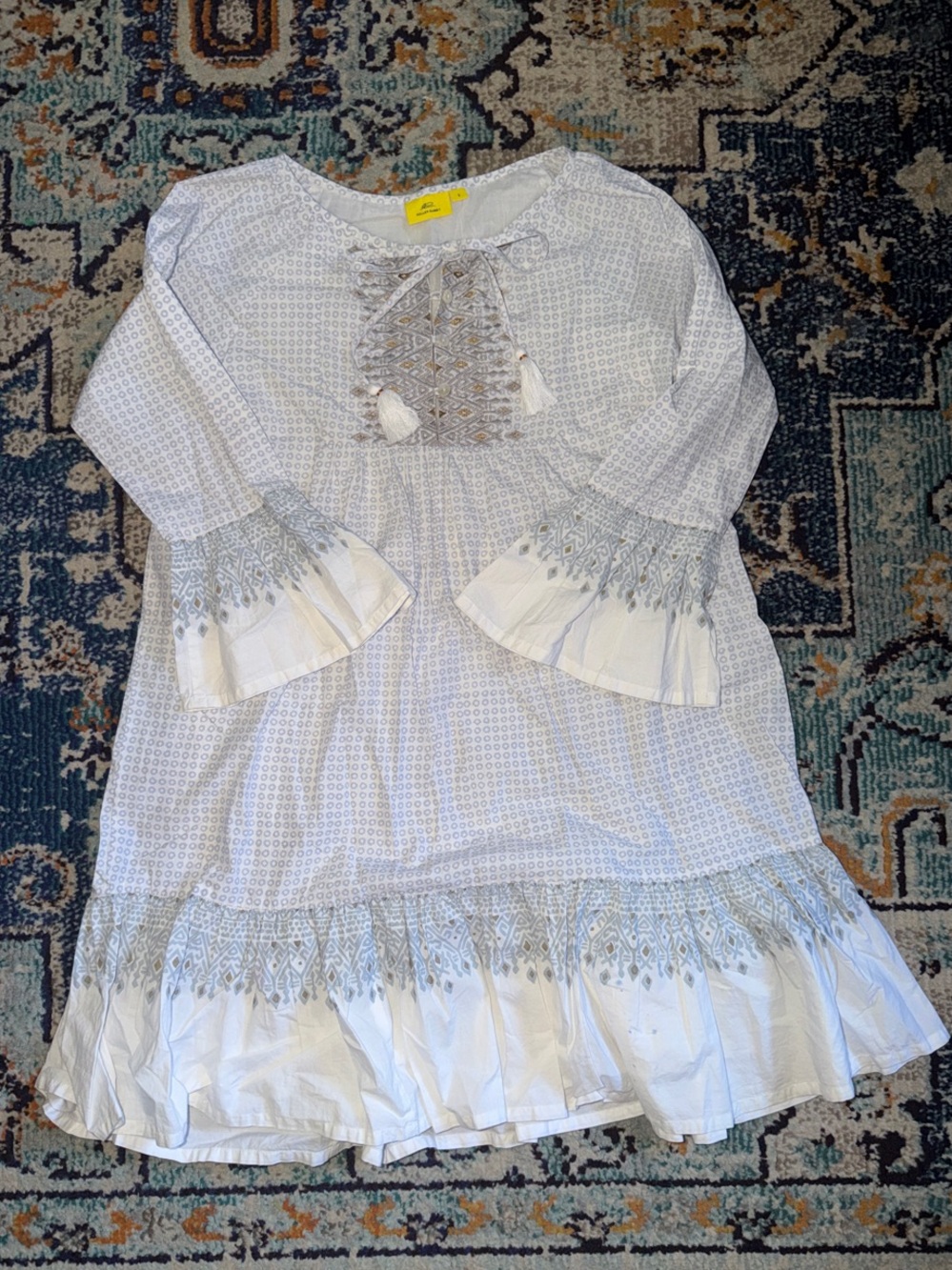 Roller Rabbit Boho Embroidered Tassel Tunic Dress in White and Light Blue